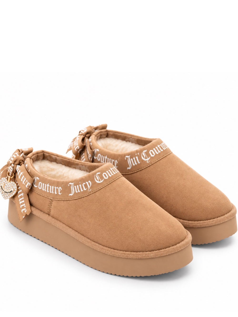 Juicy Couture Platform Slippers Bow Rhinestone Heart Camel